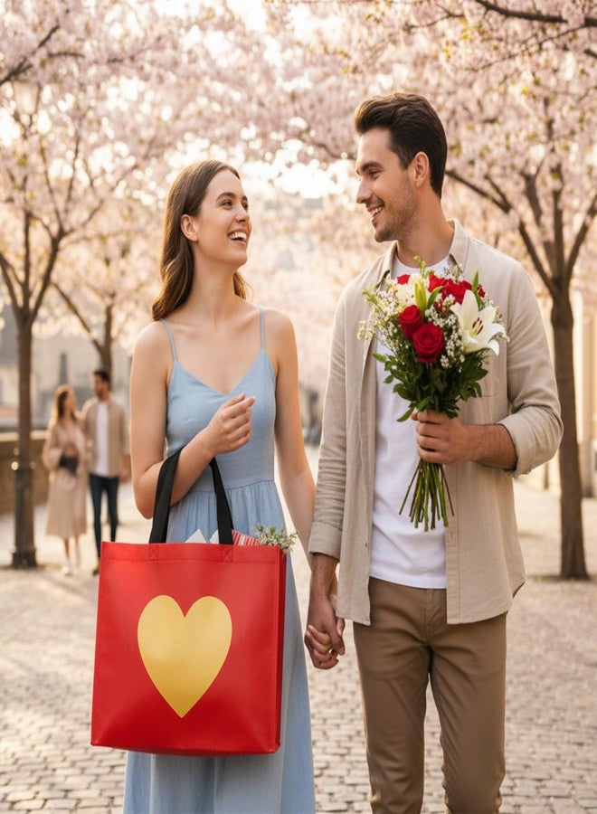 Abbylike 24 Pcs Non Woven Red Gift Bags with Shiny Gold Heart Print Large Size 13 x 5 x 11 Inch Reusable Red Gift Bag with Handles for Valentines Day, Birthday, Wedding, Anniversary, Bridal Party - Image 2